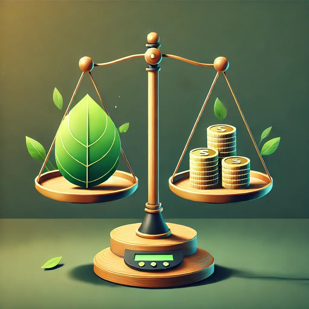 A graphic featuring a balance scale with a green leaf on one side and a stack of coins on the other, symbolizing eco-friendliness and profitability. The background includes gradients of green and gold, emphasizing harmony and growth, with no text included.