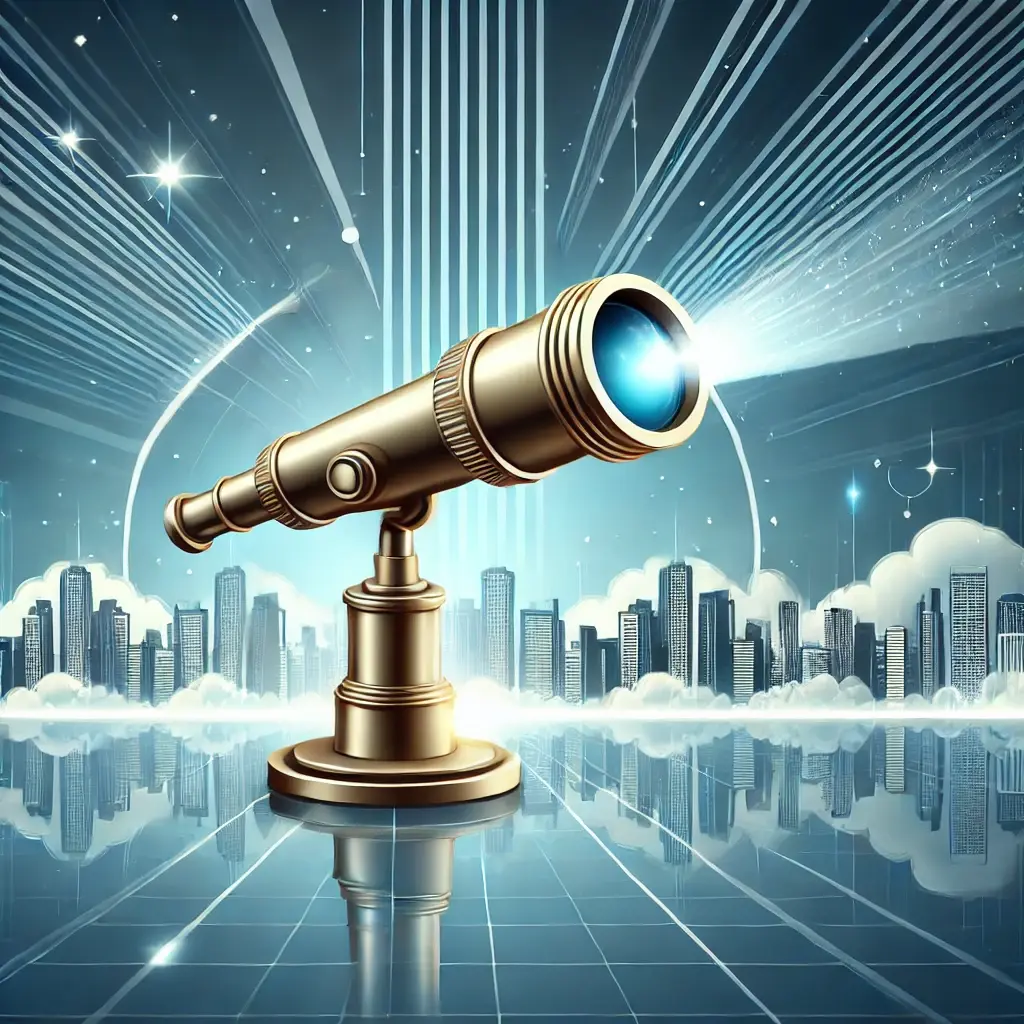 A graphic featuring a telescope pointing towards a bright, futuristic skyline, symbolizing forward-thinking and long-term vision. The background includes shades of blue and silver, representing clarity and innovation, with no text included.