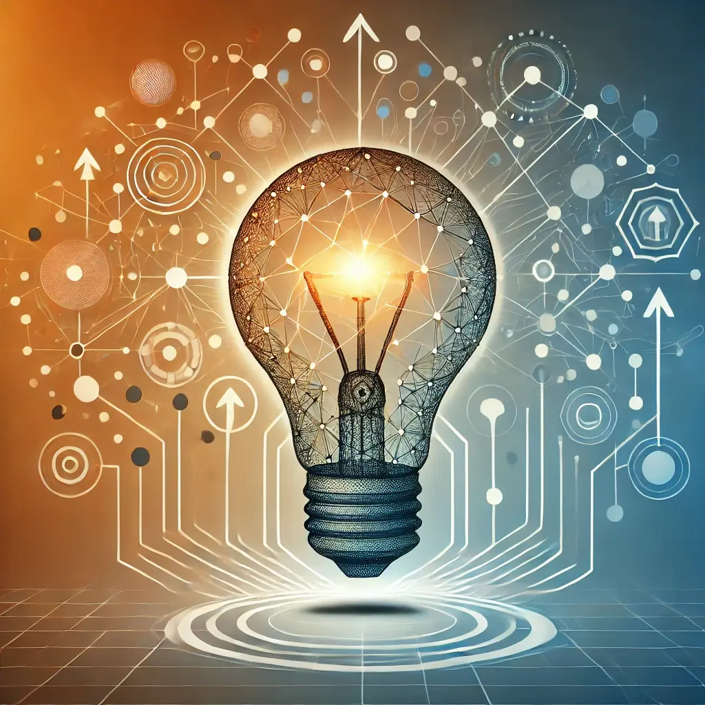 A graphic featuring a lightbulb with interconnected nodes and arrows, symbolizing innovation and forward-thinking strategies. The background includes a gradient of orange and blue, representing creativity and progress, with no text included.