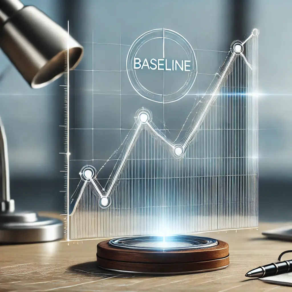 A professional image illustrating 'Baseline' in project management, with a clear line graph and a highlighted baseline for standard performance measurement. The background is clean and modern.
