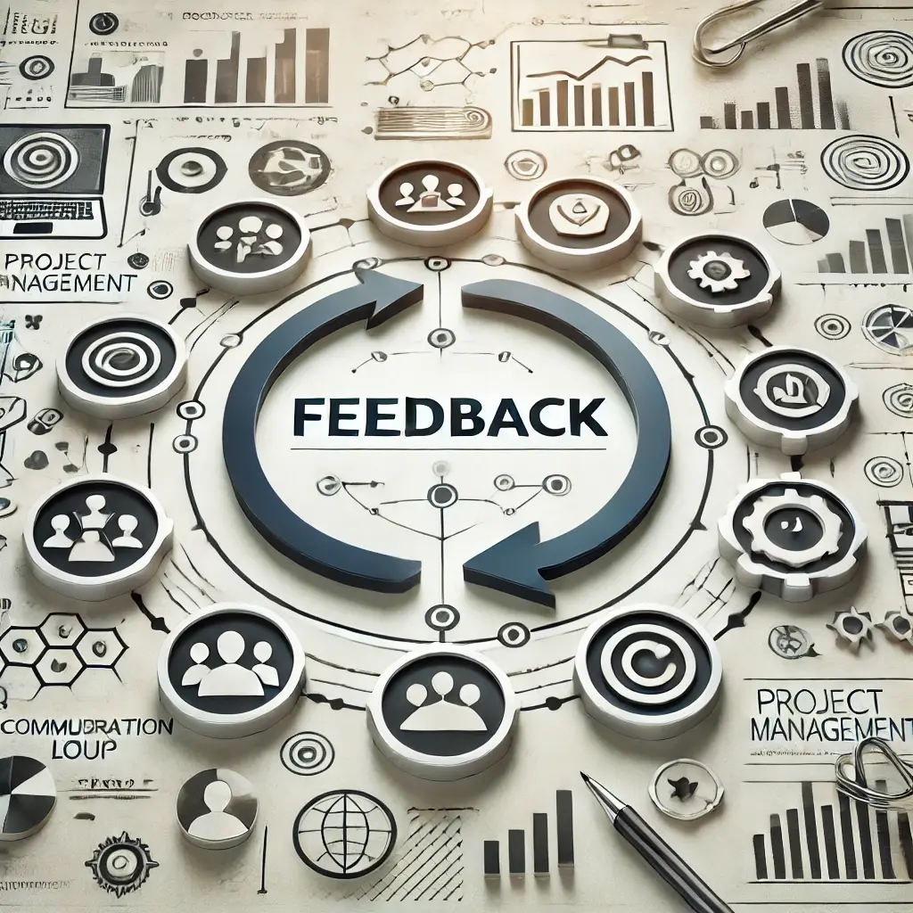 A professional image illustrating 'Feedback' in project management, featuring a communication loop with arrows and icons symbolizing collaboration and continuous improvement.