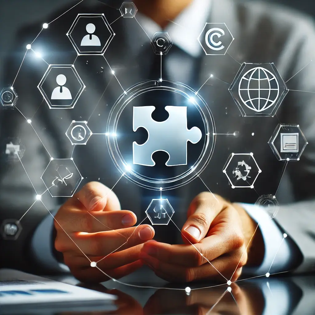 A modern image illustrating 'Integration' in project management, featuring interconnected puzzle pieces or digital nodes to symbolize unification of systems and tools.