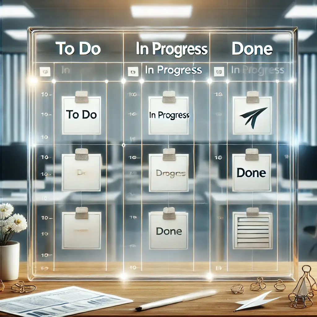 A professional image illustrating 'Kanban' in project management, featuring a Kanban board with cards organized into columns like 'To Do,' 'In Progress,' and 'Done,' set against a clean and modern background.