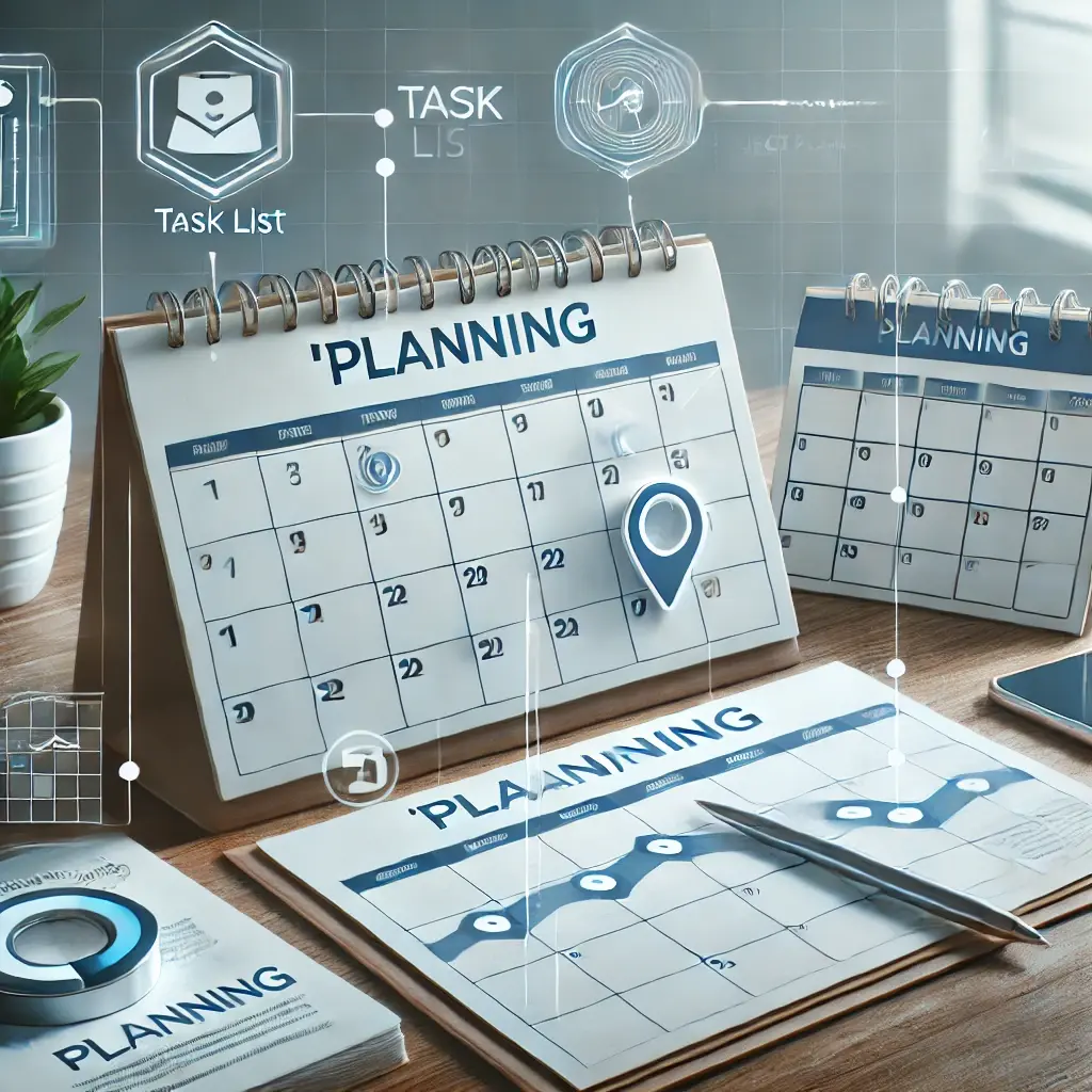 A professional image illustrating 'Planning' in project management, featuring a calendar, task lists, and a roadmap chart to symbolize strategic preparation, set against a clean and modern background.