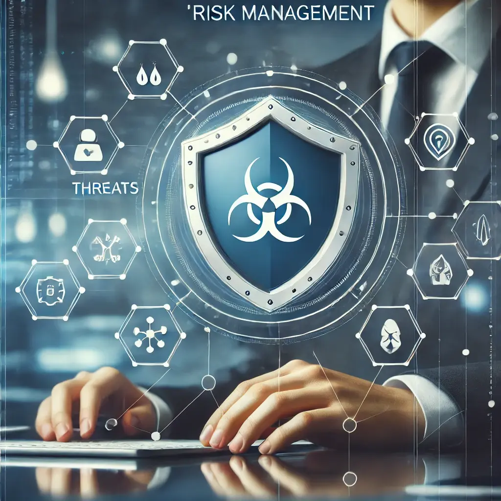 A professional image illustrating 'Risk Management' in project management, featuring a shield icon with interconnected symbols for threats, mitigation, and analysis, set against a sleek and modern background.