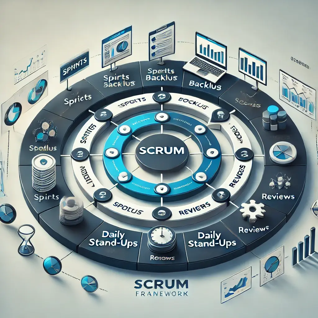 A visually engaging image of the SCRUM framework, featuring a circular diagram with key elements like sprints, backlog, daily stand-ups, and reviews, connected in an iterative flow. The modern design uses professional colors and a clean layout, ideal for a website blog.