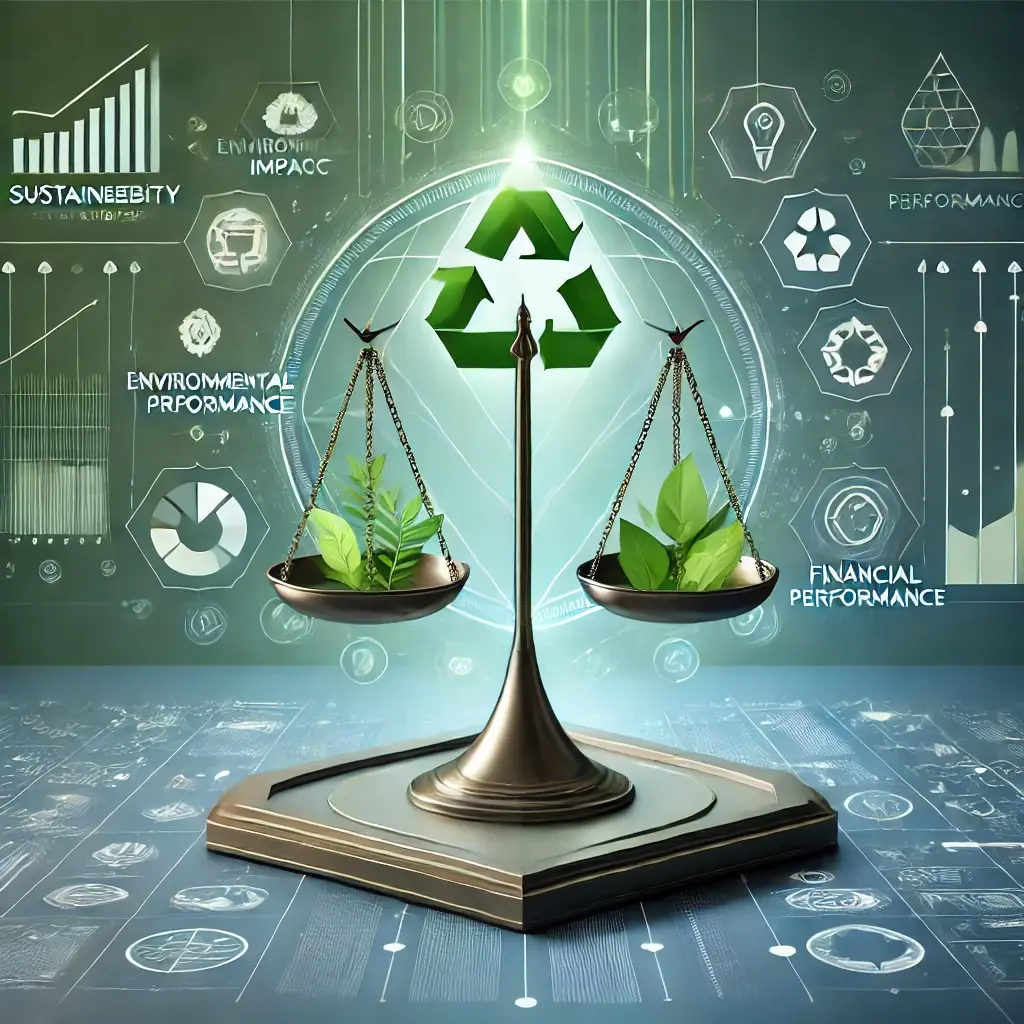 A professional image illustrating the PRiSM framework, featuring a balance scale symbolizing sustainability and business goals, surrounded by icons for environmental impact, financial performance, and project timelines. The background uses clean green and blue tones to reflect eco-friendly project management principles.