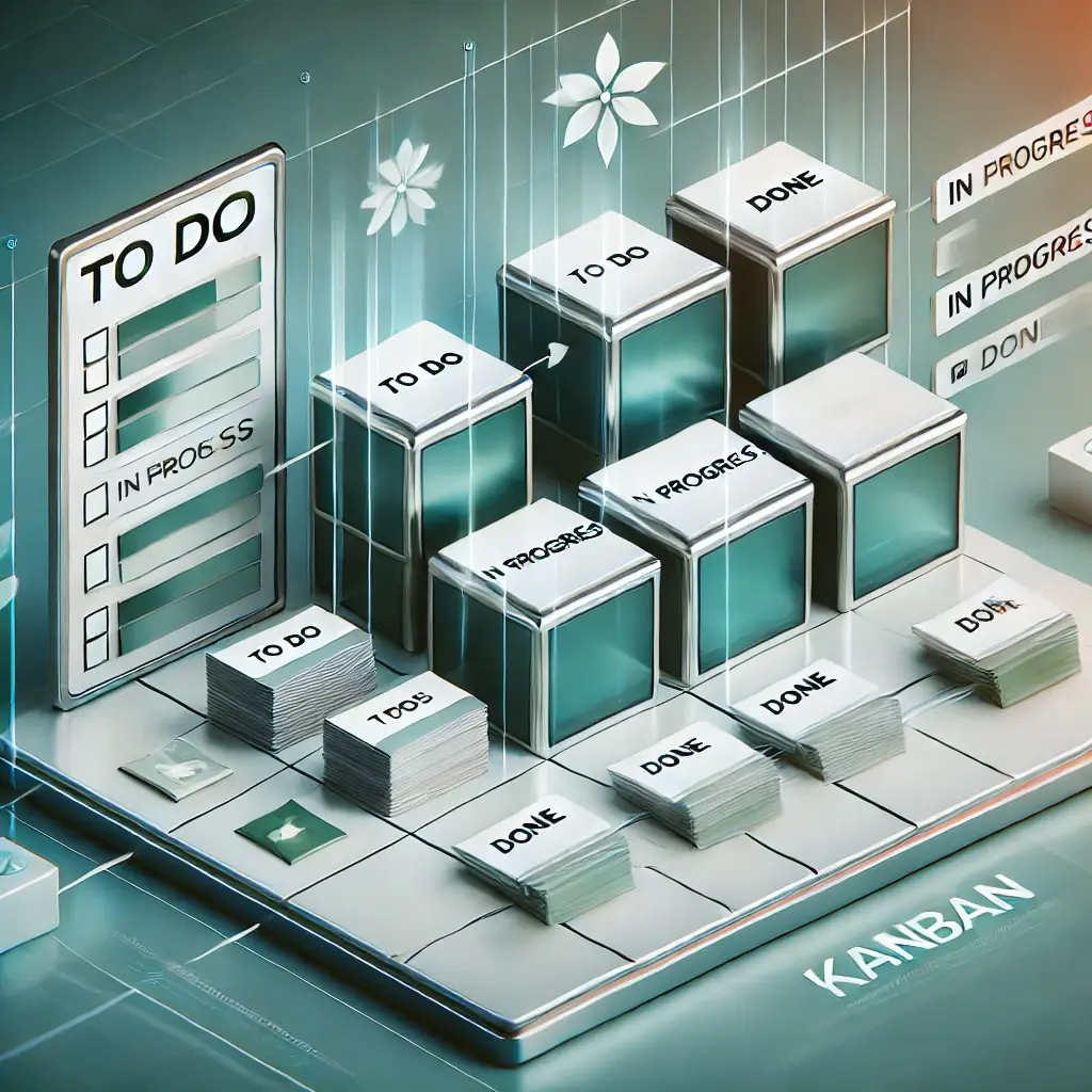 A professional image illustrating the Kanban framework in project management, featuring a digital Kanban board with columns labeled 'To Do,' 'In Progress,' and 'Done,' with task cards positioned in the columns. The background is sleek and modern with blue and green tones, symbolizing workflow efficiency.