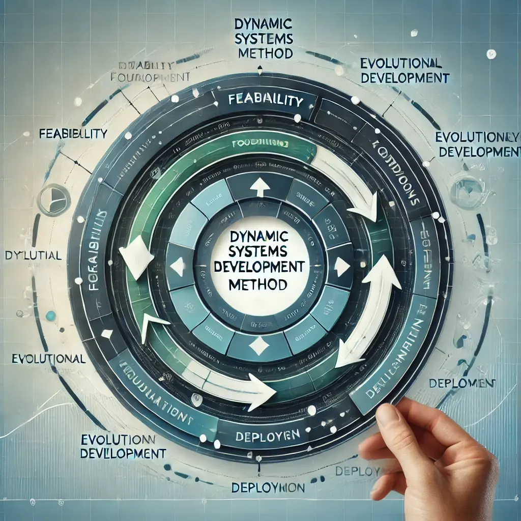 A professional image illustrating the DSDM framework, featuring a circular diagram with labeled phases like 'Feasibility,' 'Foundations,' 'Evolutionary Development,' and 'Deployment,' highlighted with arrows symbolizing iteration and feedback loops, set against a modern background with blue and green tones.