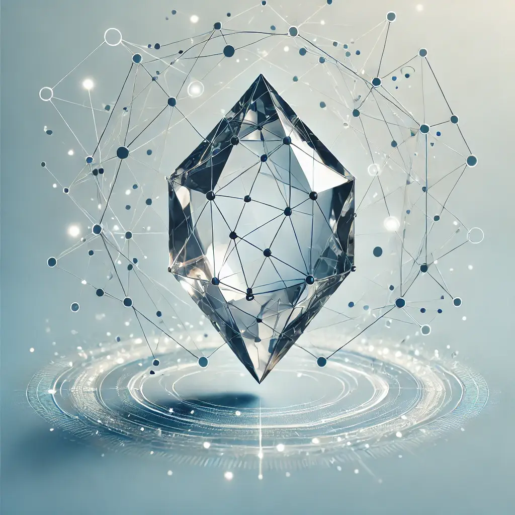A visually engaging image illustrating the 'Crystal Framework' in project management, featuring a crystal shape with interconnected lines and nodes, symbolizing flexibility and collaboration, set against a clean and modern background.