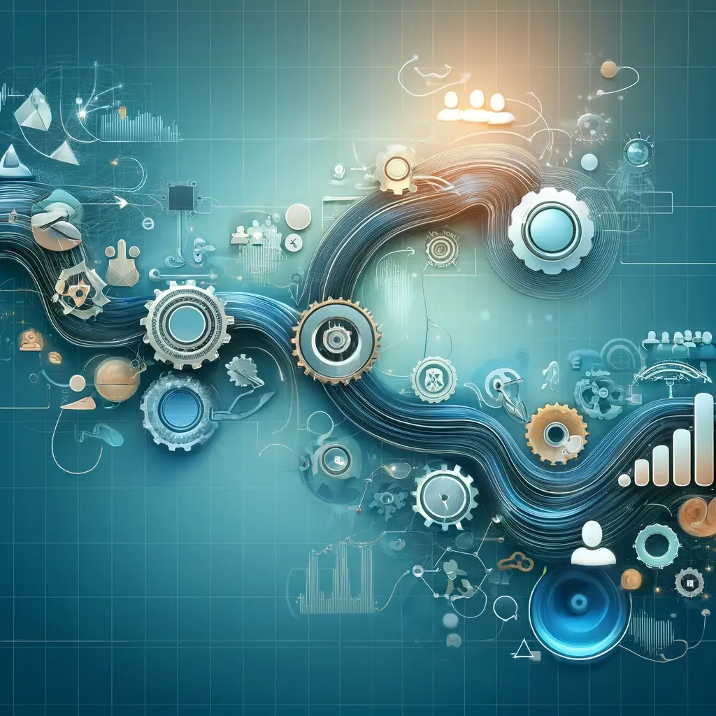 A modern image illustrating the 'Adaptive Project Management Framework,' featuring interconnected flowing shapes, icons of gears, teams, and dynamic timelines to symbolize flexibility and iterative processes, set against a clean and professional background.