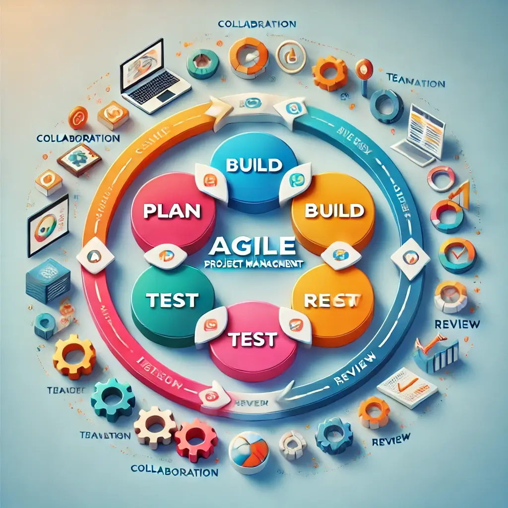 A professional image illustrating the Agile project management framework, featuring a circular workflow with key steps like 'Plan,' 'Build,' 'Test,' and 'Review.' Surrounding icons represent collaboration, iteration, and teamwork, set against a clean, modern background.