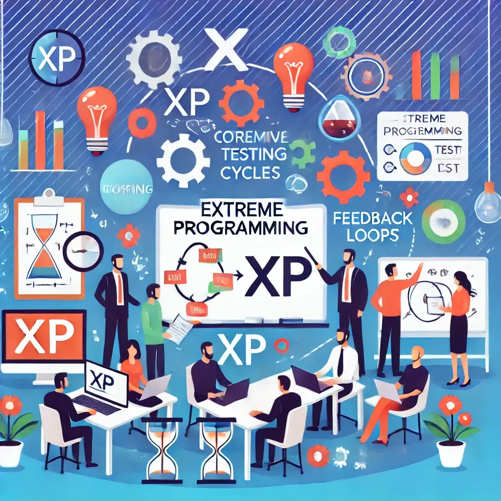 An engaging image illustrating Extreme Programming (XP) principles, featuring a collaborative workspace with team members brainstorming, a whiteboard showing iterative cycles, and icons for coding, testing, and feedback loops. The design uses vibrant colors and a modern aesthetic to symbolize agility and teamwork.