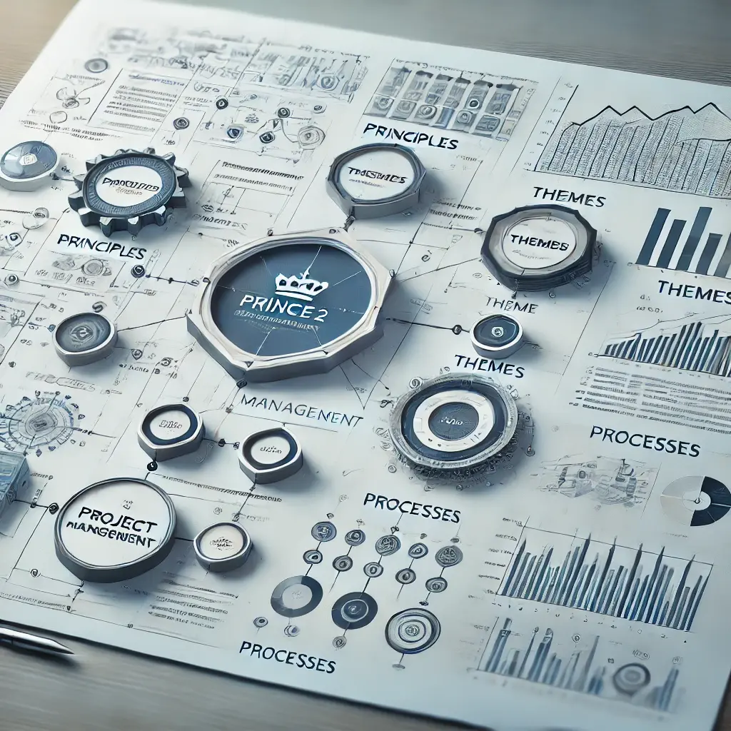 A professional and visually engaging image illustrating the PRINCE2 framework, featuring a structured flowchart with components such as 'Principles,' 'Themes,' and 'Processes,' set against a clean, modern background with subtle blue and grey tones. Ideal for a blog article on PRINCE2.