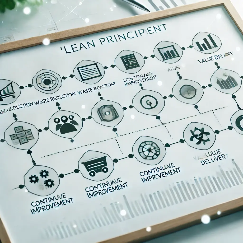 A professional image illustrating 'LEAN principles' in project management, featuring a streamlined workflow diagram with icons for waste reduction, continuous improvement, and value delivery, set against a clean and modern background with green and white tones.