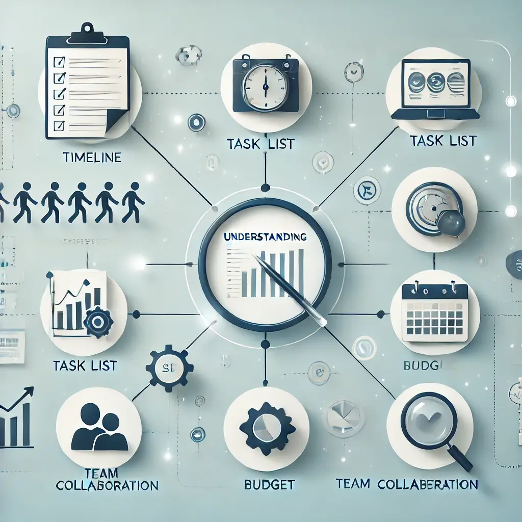 A professional image illustrating the key components of a project, featuring interconnected elements like a timeline, task list, budget icon, and team collaboration graphic, set against a sleek and modern background.