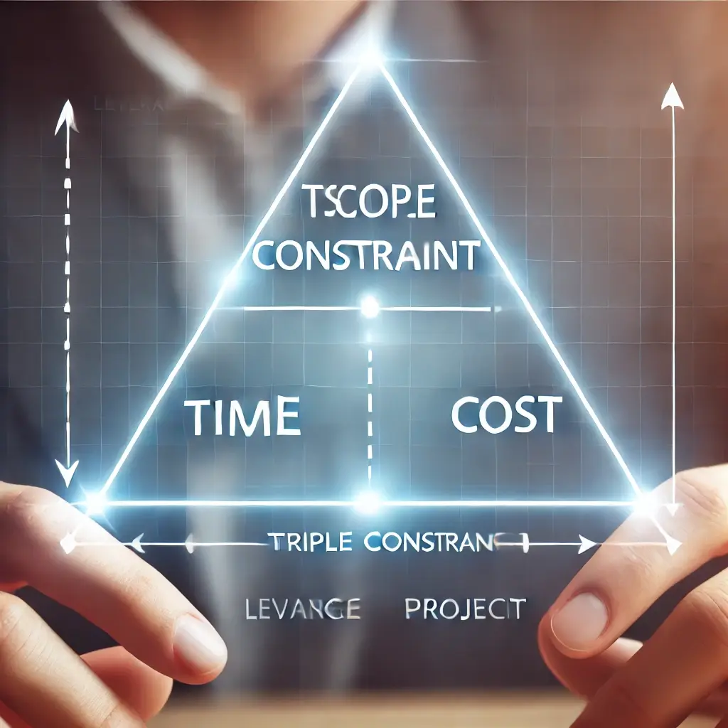 A professional image illustrating the 'Triple Constraint' in project management, featuring a triangle diagram labeled with 'Scope,' 'Time,' and 'Cost,' with a balanced project at the center. The design is clean and modern, ideal for a blog article on leveraging the Triple Constraint.