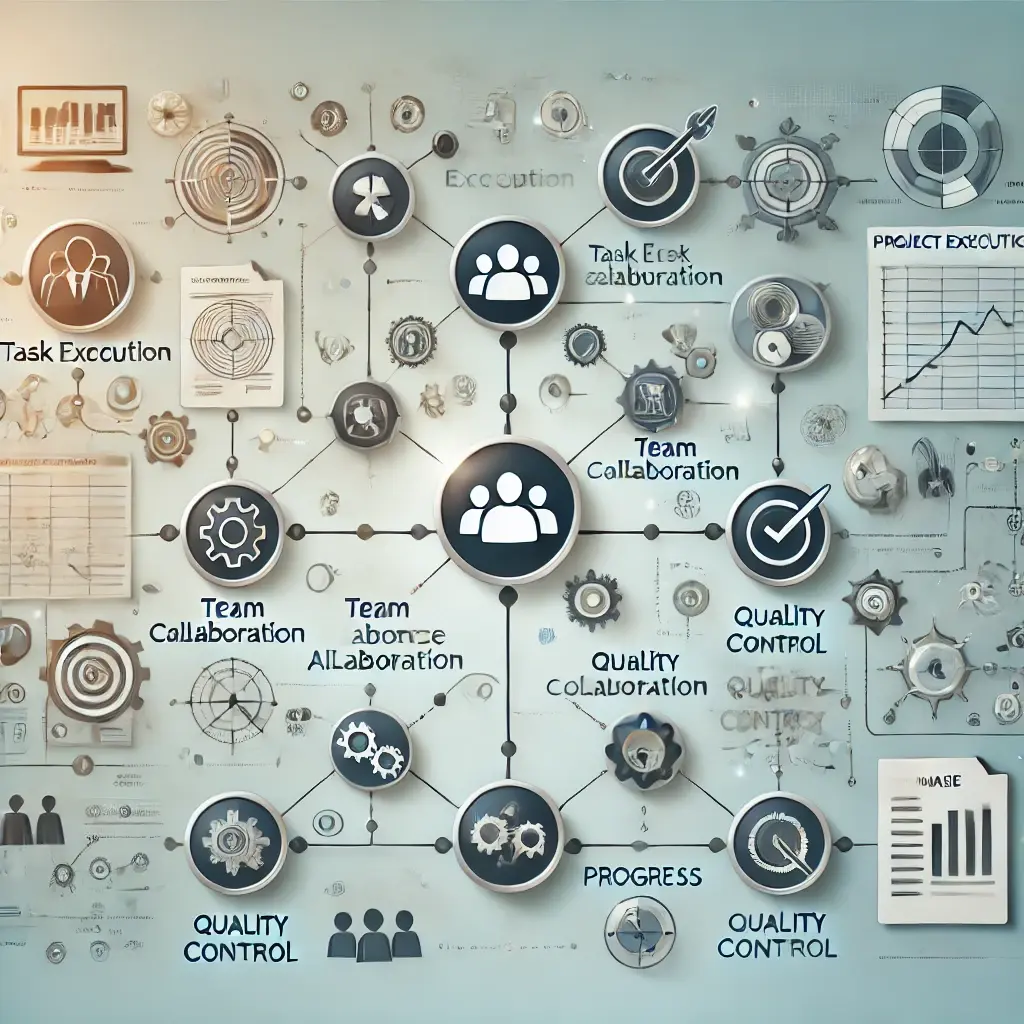 A professional image illustrating the 'Components of the Project Execution Phase' in project management, featuring interconnected elements like task execution, team collaboration, resource allocation, quality control, and progress tracking, represented by modern icons and flowchart-style connections, set against a clean and gradient background.