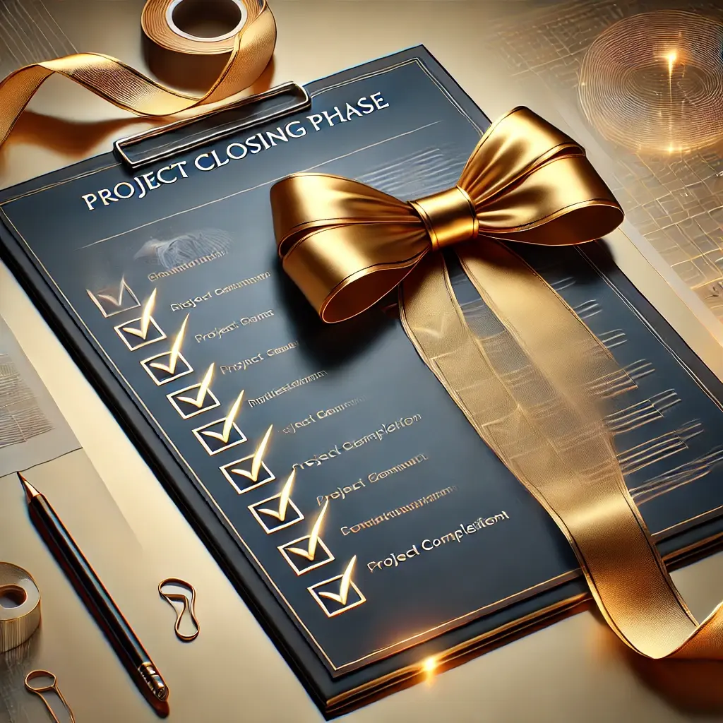 A professional image illustrating the project closing phase, featuring a completed project checklist with a golden ribbon elegantly wrapped around it, symbolizing successful finalization and completion. The background is sleek and modern with subtle gradients, ideal for a blog article on project management.