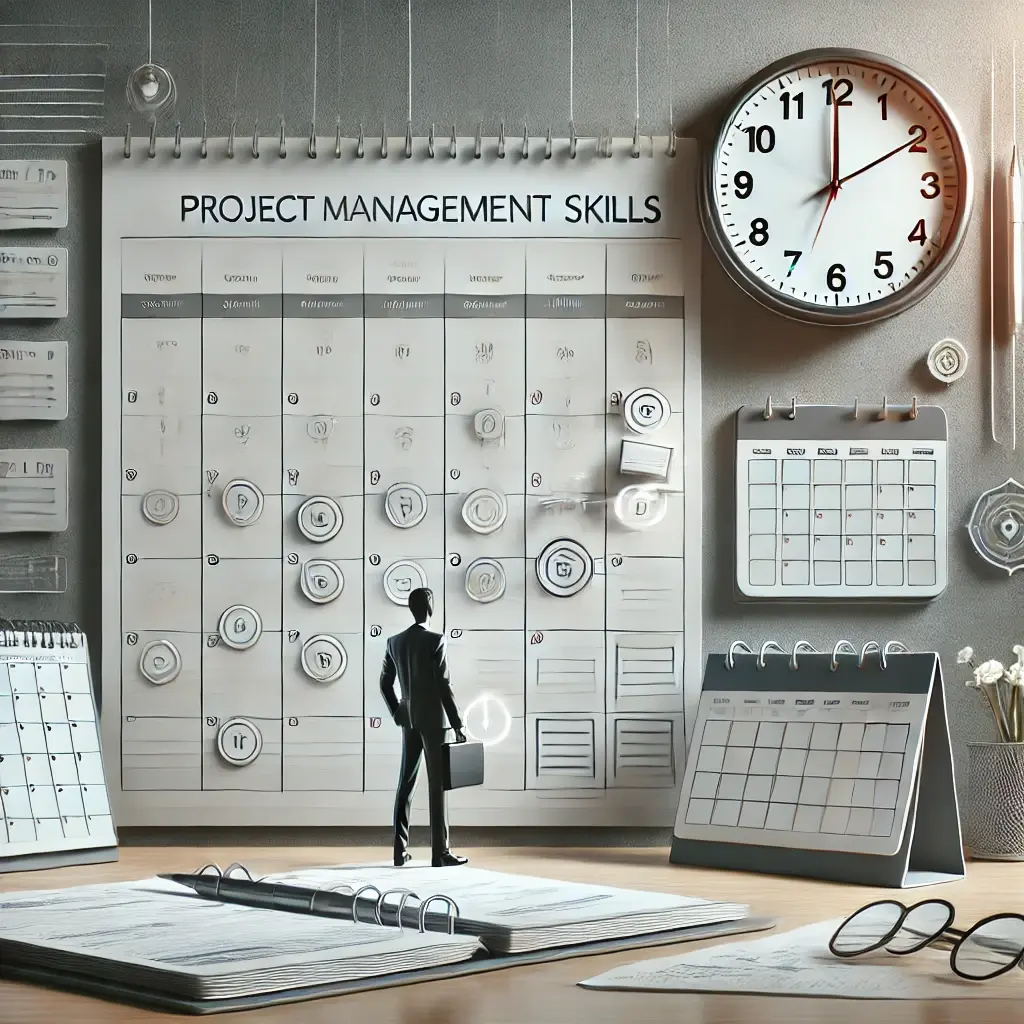 A professional image illustrating project management and time management skills, featuring a calendar, clock, and a project task board with organized workflows. A person is prioritizing tasks with a pen and notebook in a modern workspace with a sleek, neutral-toned background.