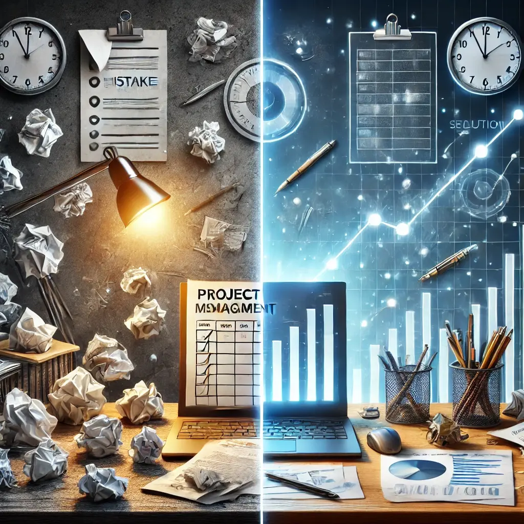 A professional image showcasing a desk with two distinct sections: one cluttered with crumpled papers, a broken pencil, and missed deadline reminders, and the other neatly organized with a glowing completed checklist, aligned charts, and tools like a laptop and pen. The background transitions from chaotic gray tones on the left to calming blue tones on the right, symbolizing transformation from mistakes to effective solutions.