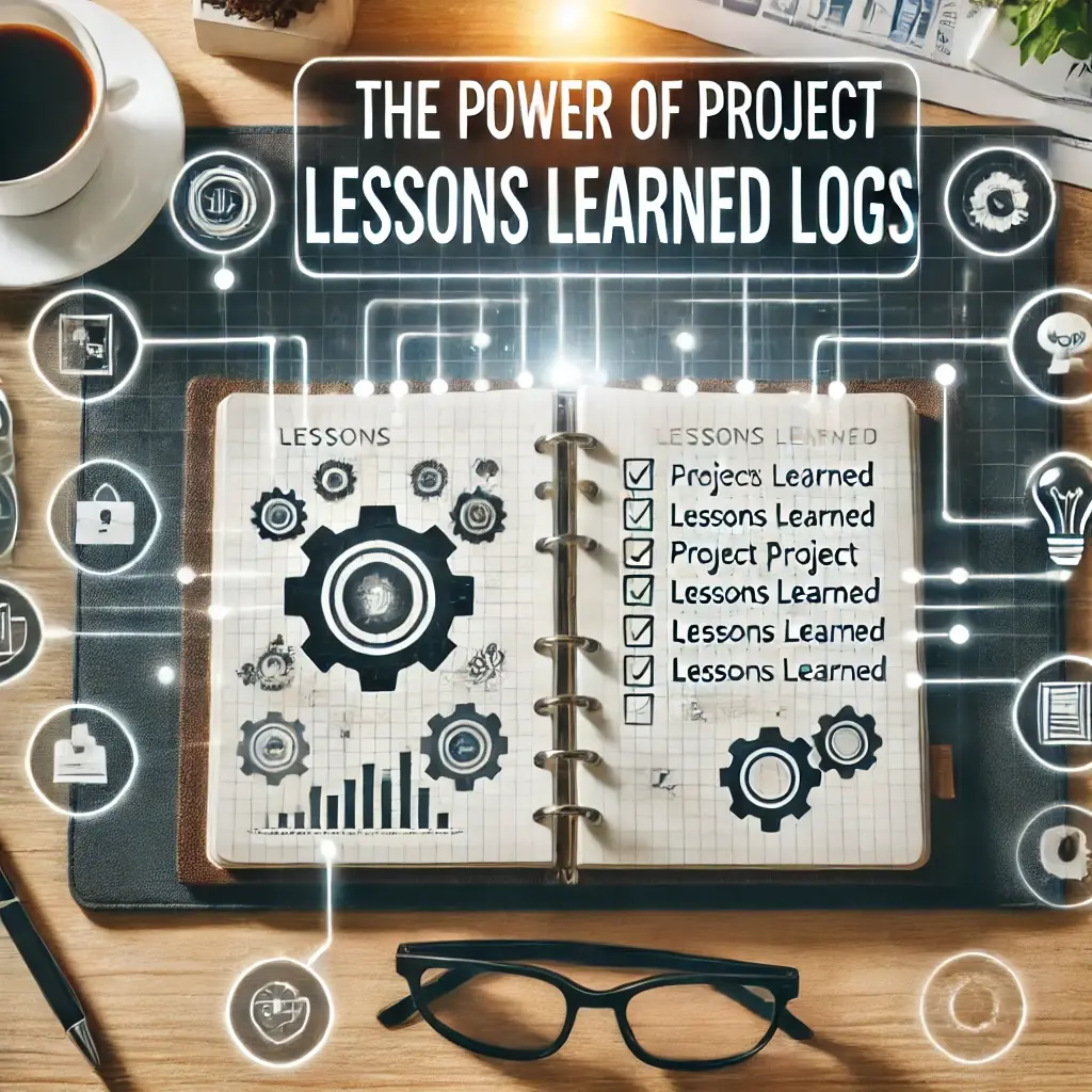 A professional image illustrating 'The Power of Project Lessons Learned Logs,' featuring an open notebook or digital tablet displaying key project insights and lessons learned, surrounded by lightbulbs and gears symbolizing improvement, set against a modern workspace background.