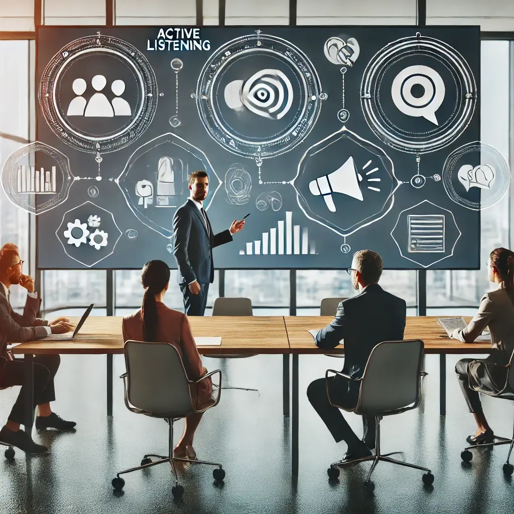 A professional image illustrating 'Communication Skills in Project Management,' featuring a project manager presenting to a diverse team with speech bubbles and icons symbolizing active listening, clarity, and collaboration in a modern office setting.