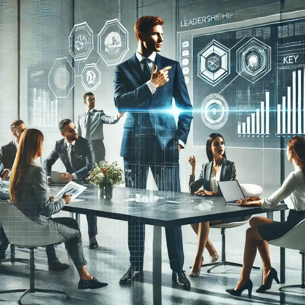 A professional image illustrating 'Leadership Skills for Project Management,' featuring a diverse team collaborating around a table while a leader confidently presents a project timeline on a digital screen in a modern office setting.