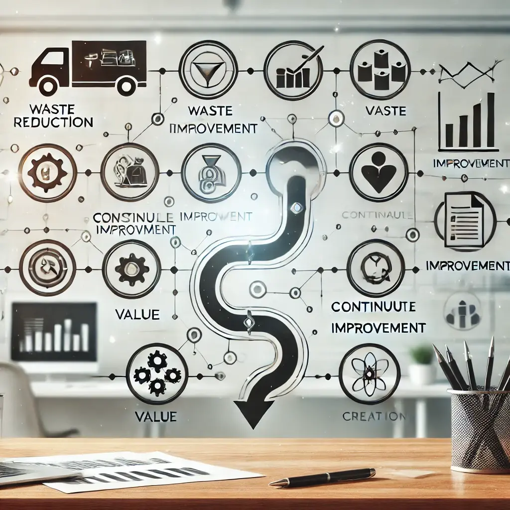 A professional image illustrating 'Lean Principles for Project Management,' featuring a streamlined process flow with icons for waste reduction, continuous improvement, and value creation, set in a clean workspace with tools like a kanban board and metrics dashboards.